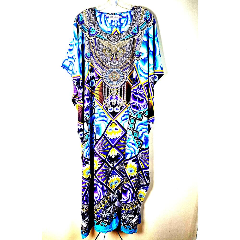 Miss Lavish London Muumuu Dress OSFA Teal Purple Floral Caftan One size